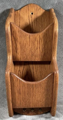 Vintage Solid Oak Wall Mail Sorter Letter Organizer 2 Pocket 3 Key Hooks  - Image 1 of 4