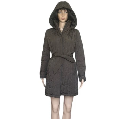 Donna Karan Mid Length Belted Puffer Coat with Hood in Olive Women's Size XS - Image 1 of 4