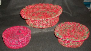 New Unique 3Pc Handmade Crochet Bowl Basket Set Red & Green Double Strand - Picture 1 of 8