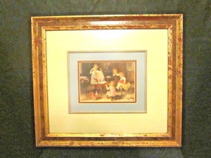 Vintage Oil Print Children at Play Framed & Triple Matted 16"x 18" Gold Red - Picture 1 of 11