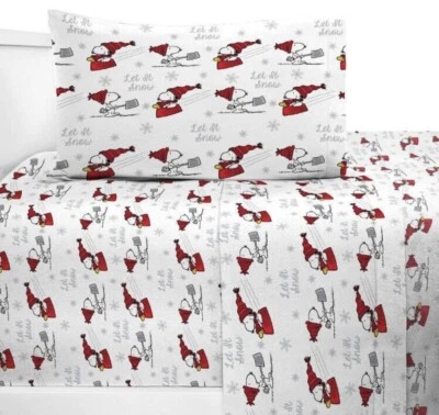 Peanuts Snoopy Twin Flannel Sheet Set Let It Snow 100% Cotton Holiday Xmas - Image 1 of 4