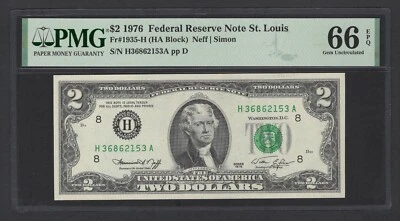 United States-Federal Reserve 2 Dollars 1976 Fr#1935-H (HA Block) UNC Grade 66 - Image 1 of 2