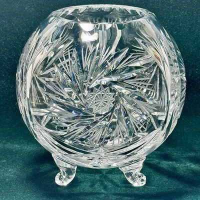 Jarrón Rose Bowl de cristal cortado de colección con pies de bola - pesado 1 lb 8 oz - patrón de estrella y abanico Foto 1 de 4