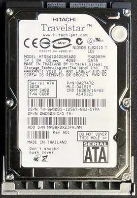 Dell / Hitachi Travelstar HTS541040G9SA00 2.5" 40GB SATA HDD / WC003 / DY539 - Image 1 of 4