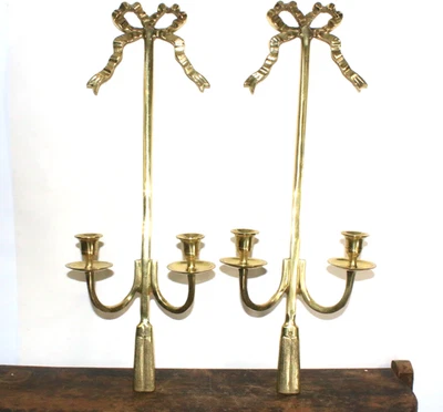 Par de apliques de pared vintage de latón con doble vela estilo Hollywood Regency Foto 1 de 4
