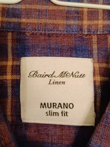 Baird McNutt Linen Shirt Men's Medium M Murano Slim Fit Blue Brown Plaid - Picture 1 of 5