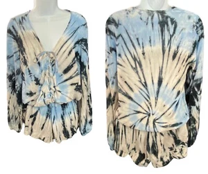 SURF GYPSY Women Romper Sz M Blue Long Sleeve Tie Dye V Neck Summer Beach 82-11 - Picture 1 of 16