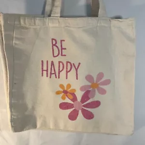 Be Happy Canvas Tote Bag Pink Daisies 12" x 14" x 3" Books Shopping Preowned - Picture 1 of 3