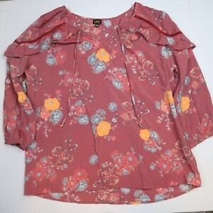 Lee Womens Boho Peasant Blouse Size Large Red Floral Print Casual 3/4 Sleeve