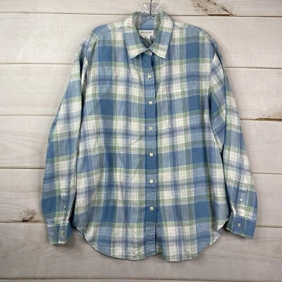JNY Jones New York 100% Linen Top Womens L Blue Plaid Button Up Long Sleeve Y2K - Image 1 of 4