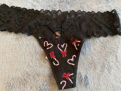 *Victoria's Secret. Small. Thong. Black. Candy Cane. Hearts. Valentine. NWT - Image 1 of 4