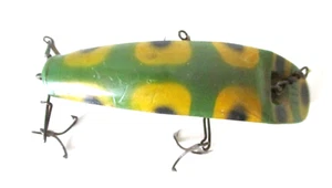 Wooden Helin Flatfish LU Fishing Lure 3" RARE FROG COLOR 4 Hooks Vtg AZ42 - Picture 1 of 6