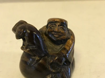 Antique Japanese Signed Hardwood Carved Netsuke Man Daikoku & Rat - Image 1 of 4