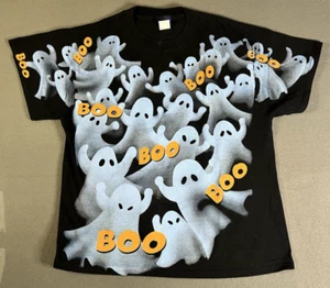 Vintage 90s Boo Ghost AOP All Over Print Happy Halloween Goth T Shirt Size L - Picture 1 of 8