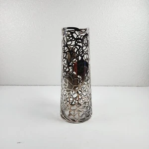 ART DECO SILVER OVERLAY GLASS PITCHER Monogrammed "LBR" Stress Crack Last Pict. - Picture 1 of 15