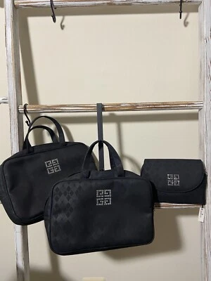Givenchy 3 Piece Black Nylon Jeweled Logo Hand Makeup Bag Pouch Set, Great Shape - Image 1 of 4