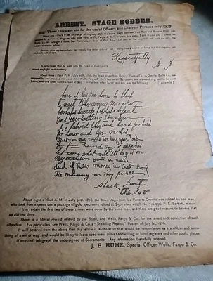 ARREST STAGE ROBBER - WELLS FARGO & CO - July 1876 - USA  - Image 1 of 3