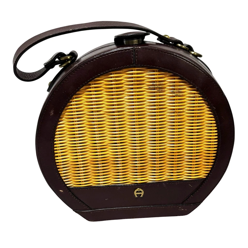 Bolso de hombro Etienne Aigner 2 vías ratán y cuero caja redonda monedero años 70 Foto 1 de 4