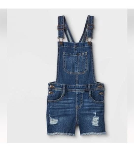 New! Girls' Destructed Jean Shortalls - Cat & Jack Dark Wash Sz XXL (18) Plus - Picture 1 of 3