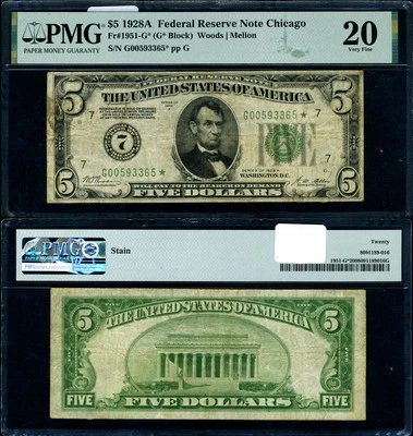 FR. 1951 G* $5 1928-A Federal Reserve Note Chicago G-* Block PMG VF20 Star - Image 1 of 3