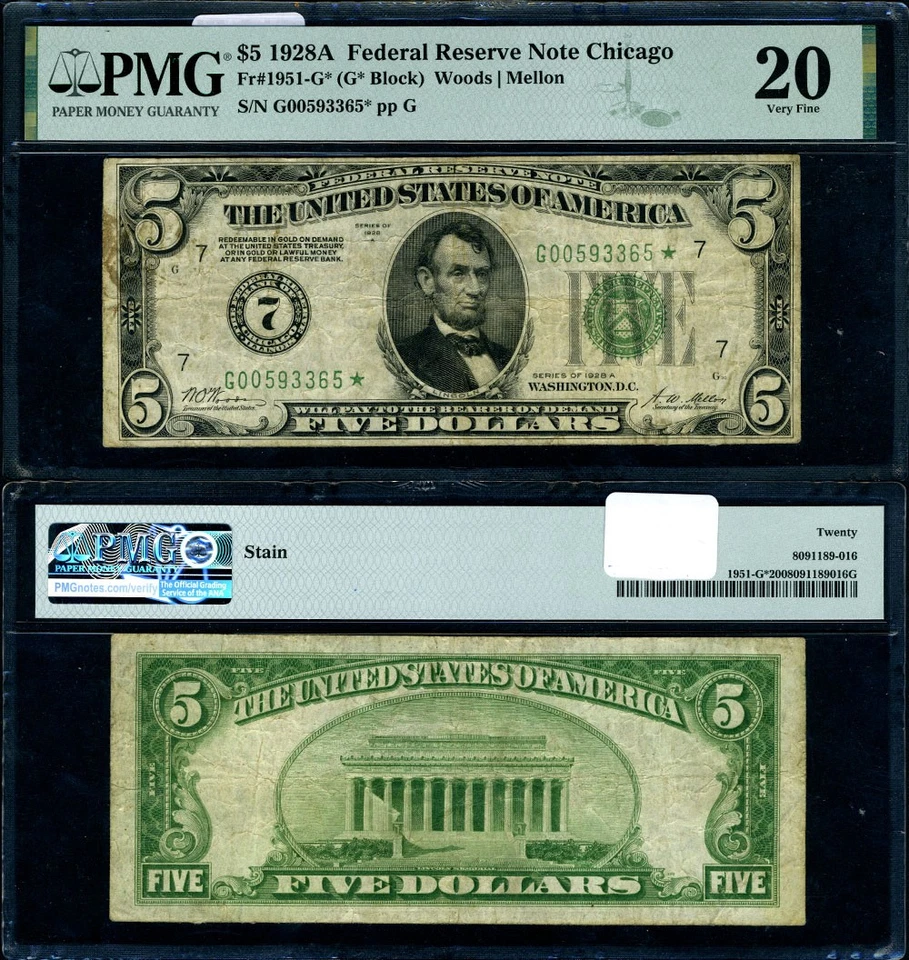 FR. 1951 G* $5 1928-A Federal Reserve Note Chicago G-* Block PMG VF20 Star - Image 1 of 3