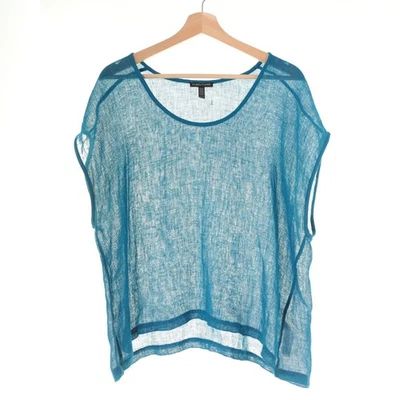 NWOT Eileen Fisher Italian Organic Linen Semi-sheer Teal Cap Sleeve Top XL Boho - Image 1 of 4