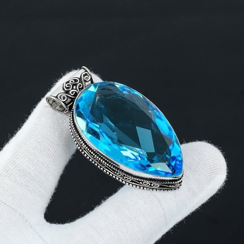 VETEMENTS Ciondolo pietra preziosa topazio blu svizzero argento sterling 925 ciondolo gioiello 1 97''