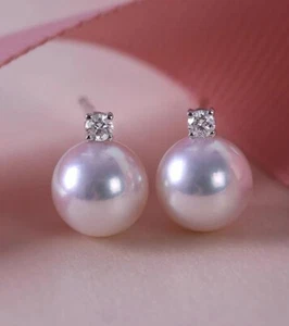 PURE 18k White gold diamond Earring Natural Round 8-9mm AAAA Akoya White Pearl - Picture 1 of 4
