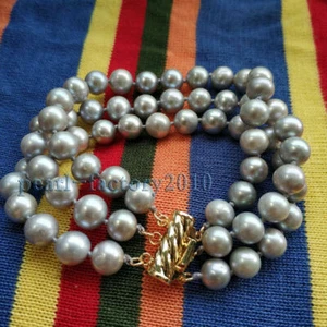 3 ROW 9-8MM GRAY SOUTH SEA NATURAL PEARL BRACELET BANGLE 14K CLASP 7.5-8 INCH - Picture 1 of 2