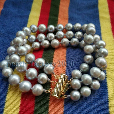 3 ROW  9-8MM GRAY SOUTH SEA NATURAL PEARL BRACELET BANGLE 14K CLASP 7.5-8 INCH - Image 1 of 2