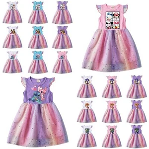 Kids Girls Cartoon characters Rainbow Mesh Dress Princess T-Shirt Tutu Dress UK - Picture 1 of 38