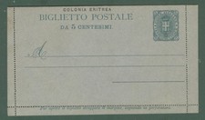 Storia postale colonie. ERITREA. Biglietto postale da cent. 5 verde...