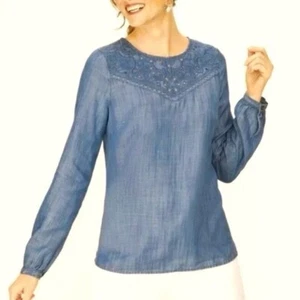 Talbots Embroidered Chambray Top Blouse Tencel Denim Blue Small S - Picture 1 of 9