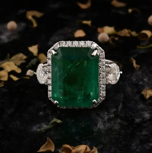 8.36 Tcw Natural SI/H Diamond Zambian Emerald Engagement Ring 18k White Gold - Picture 1 of 9