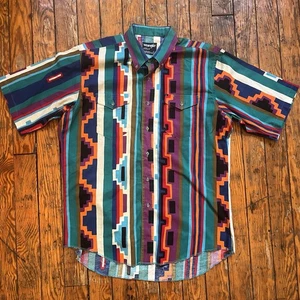 Vintage Wrangler Aztec Shirt Mens 17 Cowboy Western Short Sleeve Brushpopper USA - Picture 1 of 8