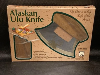 Cuchillo Alaskan Ulu hoja de 5" con soporte de exhibición de madera hoja de diseño de alce CAJA ABIERTA Foto 1 de 4