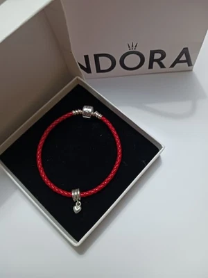 Authentic Pandora Red Leather Braid Bracelet 17cm With Heart DangleCharm - Image 1 of 4