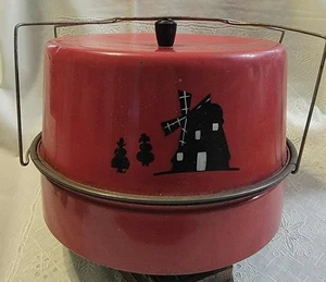 Vintage Tin Cake Pie Carrier Bright Red Metal Windmill FarmRetro Decor Carlton - Picture 1 of 12