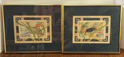 Impresiones vintage enmarcadas de acuarela de pato de madera (2) latón 12x10 cabaña granja decoración arte Foto 1 de 4