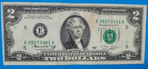 E, year 1976, Two-dollar bill, $2 US real money, bank note - Picture 1 of 3