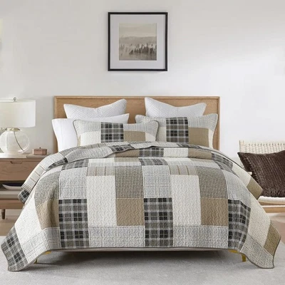 Plaid Quilt Set - 100% Cotton Farmhouse Queen Quilt with 2 Pillow Shams, Ligh... - Image 1 of 4