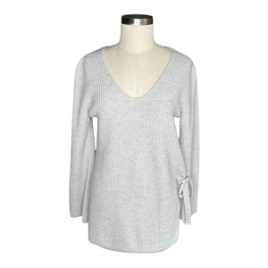 HALOGEN Gray Cashmere V-Neck Pullover Knit Sweater Side Tie Women's Size Small - Picture 1 of 6