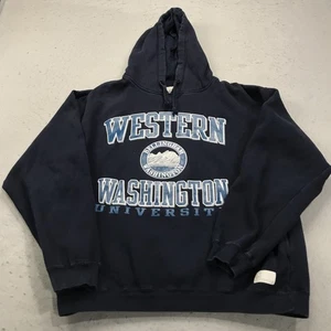 VINTAGE Western Washington University Hoodie Herren Large Blue Gear Sweatshirt 90s - Bild 1 von 9