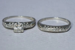 Antique ART DECO 14K White Gold Natural Diamond Wedding Ring SET Size 6 - Picture 1 of 15