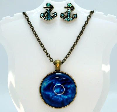 Ocean Pendant Necklace Blue Watercolor Anchor Earrings Fashion Jewelry Set Gift - Image 1 of 4