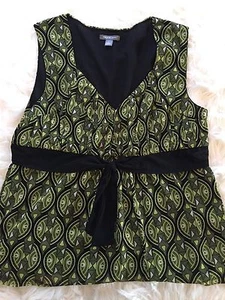 Damen Karriere Top L Bluse Grün Schwarz Geometrisches Muster Ärmellos Shirt Damen Empire - Bild 1 von 8