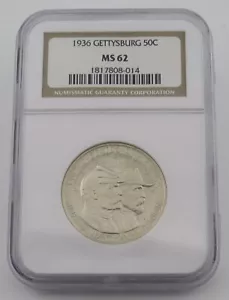 1936 50c Gettysburg Half Dollar - 90% Silver - NGC MS62 - Cert# 1817808-014 - Picture 1 of 8