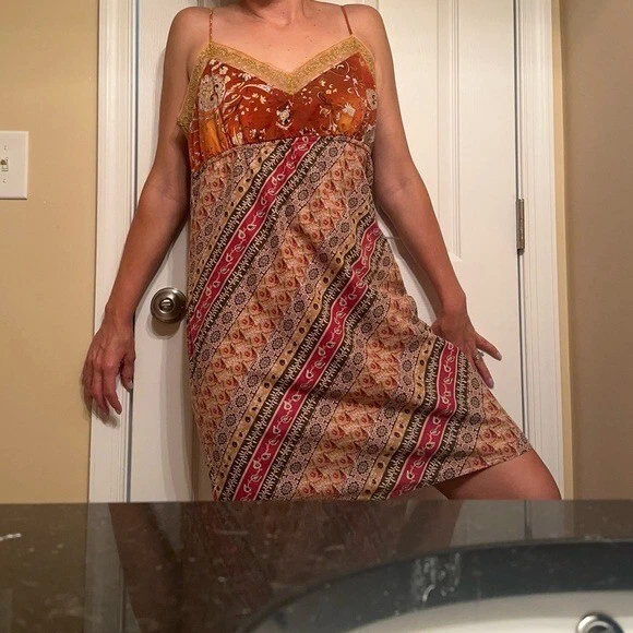 Y2K Boho cami patchwork muted tone tank  Slip Dress size L - Image 1 of 4