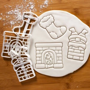 Set of 3 Christmas Cookie Cutters: Stocking, Fireplace, Santa Claus in Chimney - Picture 1 of 11