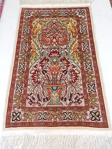 1x2ft. Handgefertigter kleiner Seidenteppich Orientalisches Vase Design - Bild 1 von 9